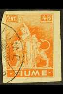 1919 45c Orange Paper Type A IMPERF Variety, Sassone A41aa, Used, Light Creases, Fresh, Very Rare, Cat 1,600 Euro = £1,4 - Fiume