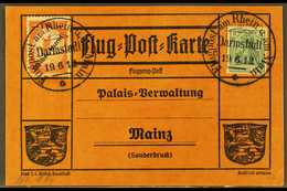 1912 "Gelber Hund" Flight Card From Darmstadt To Mainz, Franked Germania 5pf Plus 1Mk On 10pf Gelber Hund Stamp, Mi O6,  - Autres & Non Classés