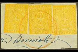 PARMA 1853 5c Orange- Yellow, Sassone 6, THREE EXAMPLES TIED TO PIECE By Single Choice-quality Red 'Desenzuola' Cds Canc - Unclassified