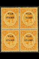 1916 1½d Orange Ovptd "War Stamp",block Of 4, Top R/h Stamp Showing The Variety "S In Stamp Omitted", SG 71/71b, Very Fi - Giamaica (...-1961)