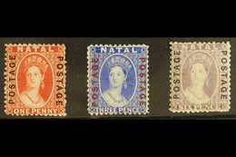 NATAL 1870-73 1d Bright Red, 3d Bright Blue, And 6d Mauve With "POSTAGE / POSTAGE" Vertical Overprints, SG 60/62, Mint W - Sin Clasificación