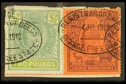 ORANGE RIVER COLONY REVENUES - INTERPROVINCIAL USE Piece Dated 4.7.12 With O.R.C. 1905 £10 Brown & Purple On Red (Barefo - Non Classés