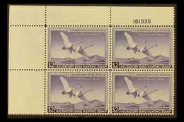 REVENUE - "DUCK" STAMPS 1950 $2 Violet, Scott RW17, Very Fine NEVER HINGED MINT CORNER BLOCK OF FOUR With Plate Number.  - Otros & Sin Clasificación