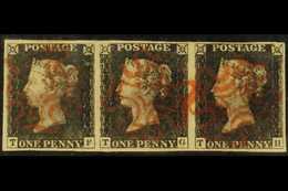 1840 1d Intense Black STRIP OF THREE 'TF - TH' From Plate 1b, SG 1, Used With 4 Large Margins & Superb Red MC Cancellati - Unclassified