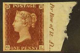 1854 1d Red- Brown 'GL' Plate 200 Imperf IMPRIMATUR On Blued Wmk Small Crown With Portion Of Sheet Margin At Base Showin - Other & Unclassified