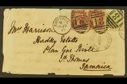 1877 (Oct 26) Cover To Jamaica (faults) Bearing 1858-79 1d Pair Plus 1877 4d Sage-green (SG 153) Plate 15, All Tied By A - Otros & Sin Clasificación