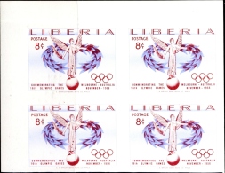 MELBOURNE OLYMPICS-FULL SET OF 6v- CORNER IMPERF BLOCKS OF 4-LIBERIA-1956-MNH-RARE-B9-831 - Estate 1956: Melbourne