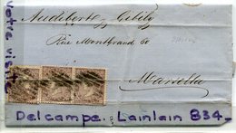 - Espagne - Lettre Plié De Barcelone - 1869, 3 Timbres, Pour Marseille, Audibert, Nombreux Cachets, Scans. - Storia Postale