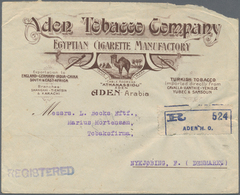 08004 Aden: 1923 Illustrated 'Aden Tobacco Company' Cover Sent Registered To Denmark Via London, Franked O - Yemen