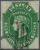 08100A Ceylon / Sri Lanka: 1857, QV 1Sh9P Green On White Paper With Partly Watermark (left Frame), Fresh Co - Sri Lanka (Ceylan) (1948-...)