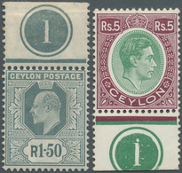 08109 Ceylon / Sri Lanka: 1905/1938, KEVII 1.50r. Grey From Upper Margin And KGVI 5r. Green/purple From Lo - Sri Lanka (Ceylan) (1948-...)