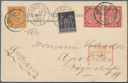 08134 China: 1900, Coiling Dragon 1 C., 2 C. (2) Tied Bisected Bilingual "SHANGHAI 7 SEP 00" To Ppc (frenc - Autres & Non Classés
