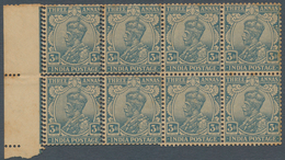 08731 Indien: 1926 KGV. 2a. Ultramarine Left Hand Marginal Block Of Eight, Variety DOUBLE PERFORATION Vert - Autres & Non Classés