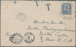 08767 Indien - Used Abroad: BURMA 1921, Unsufficiently Franked Cover From BASSEIN To Newton Centre, Mass., - Altri & Non Classificati