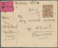 08818 Indien - Feudalstaaten: MORVI 1933 Postal Stationery Envelope 1a. Brown, Wove Paper, Used Registered - Altri & Non Classificati