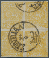 08896 Iran: 1876: Blocks Of Four Lion Issues. 4 (Krans) Yellow, Complete Sheet Of 4, Setting 6 (DB/AC) Wit - Iran