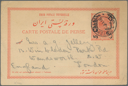 08907 Iran: 1906-13, Two Uprated Used Postal Stationery Cards, Both Addressed To England, On With Arrival - Iran