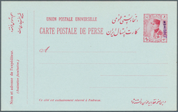 08932 Iran: 1928/1938: 7 Different Reza Shah Postal Stationery Cards,. Specimen Of 90 D Red And 9 Ch Coron - Iran