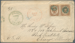 08968 Japan: 1876, The Green TOKEI Cover: Old Koban 5 S. Brown Horizontal Pair Canc. Small Green Flower Of - Altri & Non Classificati