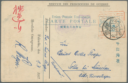 09064 Lagerpost Tsingtau: Fukuoka, 1917, Preprinted Easter Greetings And Large Vermilion Writing Permit Se - Chine (bureaux)