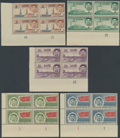 09244 Kuwait: 1958-60, Group Of 13 Bottom Left Corner Blocks Of Four With Marginal Plate Numbers "1", "1A" - Koweït