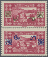 09427 Libanon: 1943, 6pi. On 7.50pi. Carmine, Overprint Proof Vertical Pair, Top Stamp With INVERTED GREEN - Liban