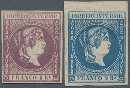 09615 Philippinen: 1863. 1 R Violett And 2 R Blue, Very Wide Top Margin At 2 R, Fresh Colors And Very Scar - Filippine