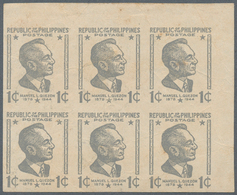 09628 Philippinen: 1946/1954: Manuel Quezon Issue, Mint Imperforated Block Of 6 In Grey, And Imperforated - Filippine