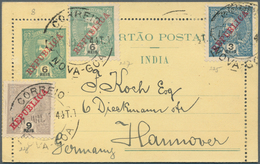 09644 Portugiesisch-Indien: 1913, Letter Cards 6 R. Resp. 1 T. Uprated To Germany Canc. "NOVA GOA 11 JUN. - India Portoghese