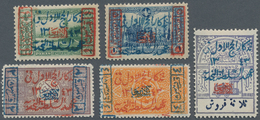 09718 Saudi-Arabien: 1925, Complete Set Of Five Values With Three Different Overprints In Red And Blue, Al - Saudi-Arabien