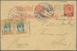 09943 Thailand: 1908, Stationery Surcharge 2 Att. On 1 1/2 Att. Uprated Jubilee 1 Att. Pair Canc. Boxed Bl - Thailand