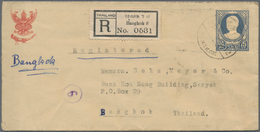 09985 Thailand - Ganzsachen: 1928 Postal Stationery Envelope 15s. Blue, Used Registered Within Bangkok, Up - Thailand