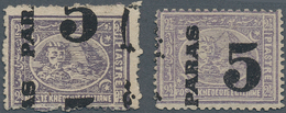 11358 Ägypten: 1879 Provisionals: Two Singles Of 5pa. On 2½pi. Violet Both Perf 12½ X 13½ And With SURCHAR - 1915-1921 Protectorat Britannique