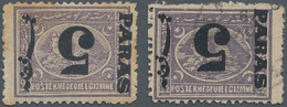 11360 Ägypten: 1879 Provisionals: Two Singles Of 5pa. On 2½pi. Violet Both With SURCHARGE INVERTED, One Pe - 1915-1921 British Protectorate