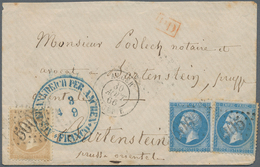 11541 Algerien: 1862, France 10 C Yellow-brown And 2 X 20 C Blue Napoleon, Each Stamp Tied With Numeral Ca - Algeria (1962-...)