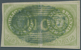 11598 Argentinien: 1862 10c. Yellow-green, Without Accent, Horizontal Pair With Superb Strike Of The Rare - Autres & Non Classés