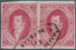 11605F Argentinien: 1867, 5 C. Carmine, Horizontal Pair, Fresh Colour, Close To Large Margins, Tear At Left - Sonstige & Ohne Zuordnung