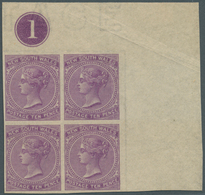 11637 Neusüdwales: 1867 (ca.), QV 10d. Lilac IMPERFORATE PROOF Block Of Four From Upper Right Corner With - Storia Postale