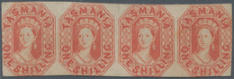 11654 Tasmanien: 1857, Queen Victoria 1 Sh. Vermillion, Horizontal Strip Of Four, Unused Without Gum, Cut - Briefe U. Dokumente
