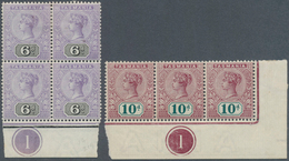 11657 Tasmanien: 1892/1899, QV Tablets 6d. Violet/black Block Of Four And 10d. Purple-lake/deep Green Hori - Briefe U. Dokumente