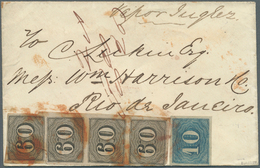 11748 Brasilien: 1854, 60 R. Black, A Horizontal Strip-4 And 10 R. Blue All Imperforated Tied By Red Pmk. - Sonstige & Ohne Zuordnung