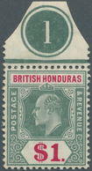 11795 Britisch-Honduras: 1907, KEVII Definitive $1 Grey-green/carmine From Upper Margin With PLATE NUMBER - Honduras Britannique (...-1970)