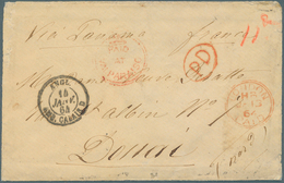 11850 Chile: 1864, Stampless Folded Envelope Tied By Red Crown Mark "PAID AT VALPARAISO", Ms. "VIA PANAMA" - Cile