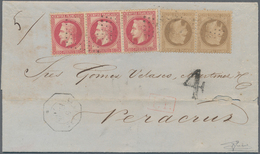 11880 Cuba: 1870, FRENCH P.O., 30c. Brown Horiz. Pair And 80c. Carmine Strip Of Three, 3fr. Rate On Letter - Sonstige & Ohne Zuordnung