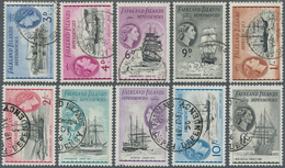 11920 Falklandinseln: 1956, ½ D. To 1 £ "Sailing Ships" Complete Set Of 15 Values, All Stamps Fine Cds Use - Falkland