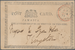 12087 Jamaica: 1877, ONE PENNY Red Postal Stationery Card With Black Ornamented Frame, Sent From SHOOTERS - Jamaica (1962-...)