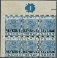 12311 Nevis - Stempelmarken: 1882, QV 4d. Blue With Black Opt. 'REVENUE' Block Of Six From Upper Left Corn - St.Christopher-Nevis & Anguilla (...-1980)