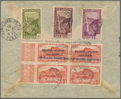 12375 Reunion: 1937, "ROLAND GARROS" Flight, 50c. Red Left Marginal Block Of Four Showing Variety "BOTH LO - Lettres & Documents