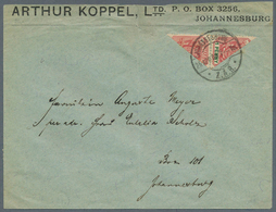 12484 Transvaal: 1896, 1 D Rose-red And Green, Vertical Pair Of Diagonally Bisected Stamps, Franked On Loc - Transvaal (1870-1909)