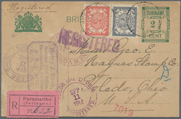 12504 Surinam: 1912, 2 1/2 C Green Postal Stationery Card, Uprated With 5 C Red And 7 1/2 C Grey, Sent Reg - Suriname ... - 1975